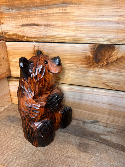 Wood Carved Sitting Bear 12" - Brown
