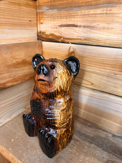 Wood Carved Sitting Bear 12" - Brown
