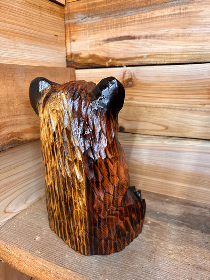 Wood Carved Sitting Bear 12" - Brown