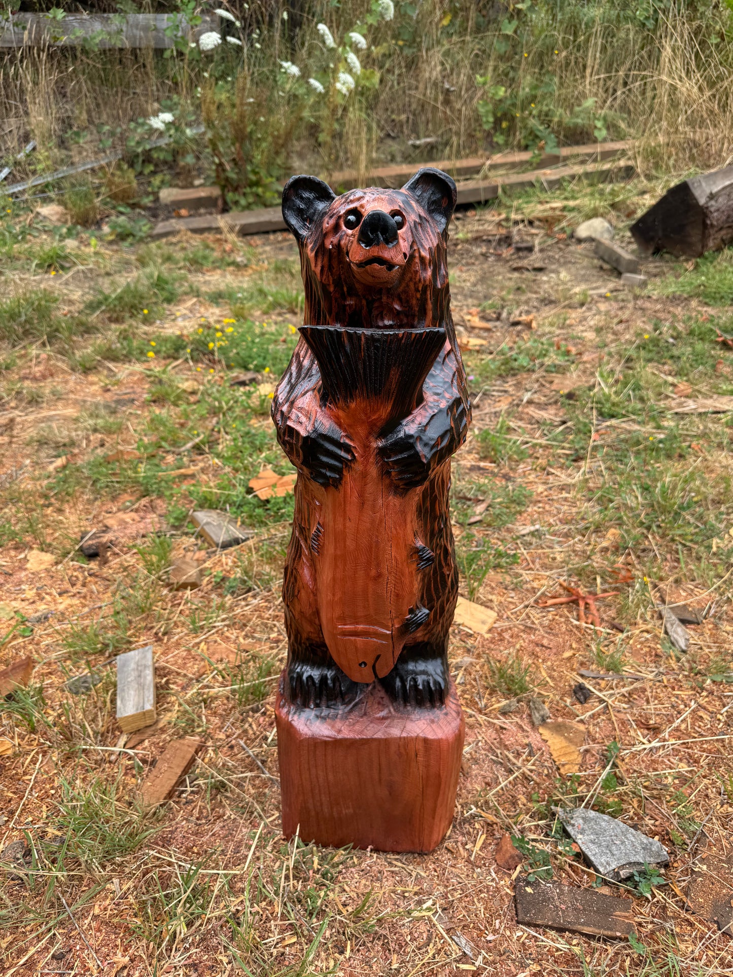 30-Inch Handcrafted Redwood Bear with Fish