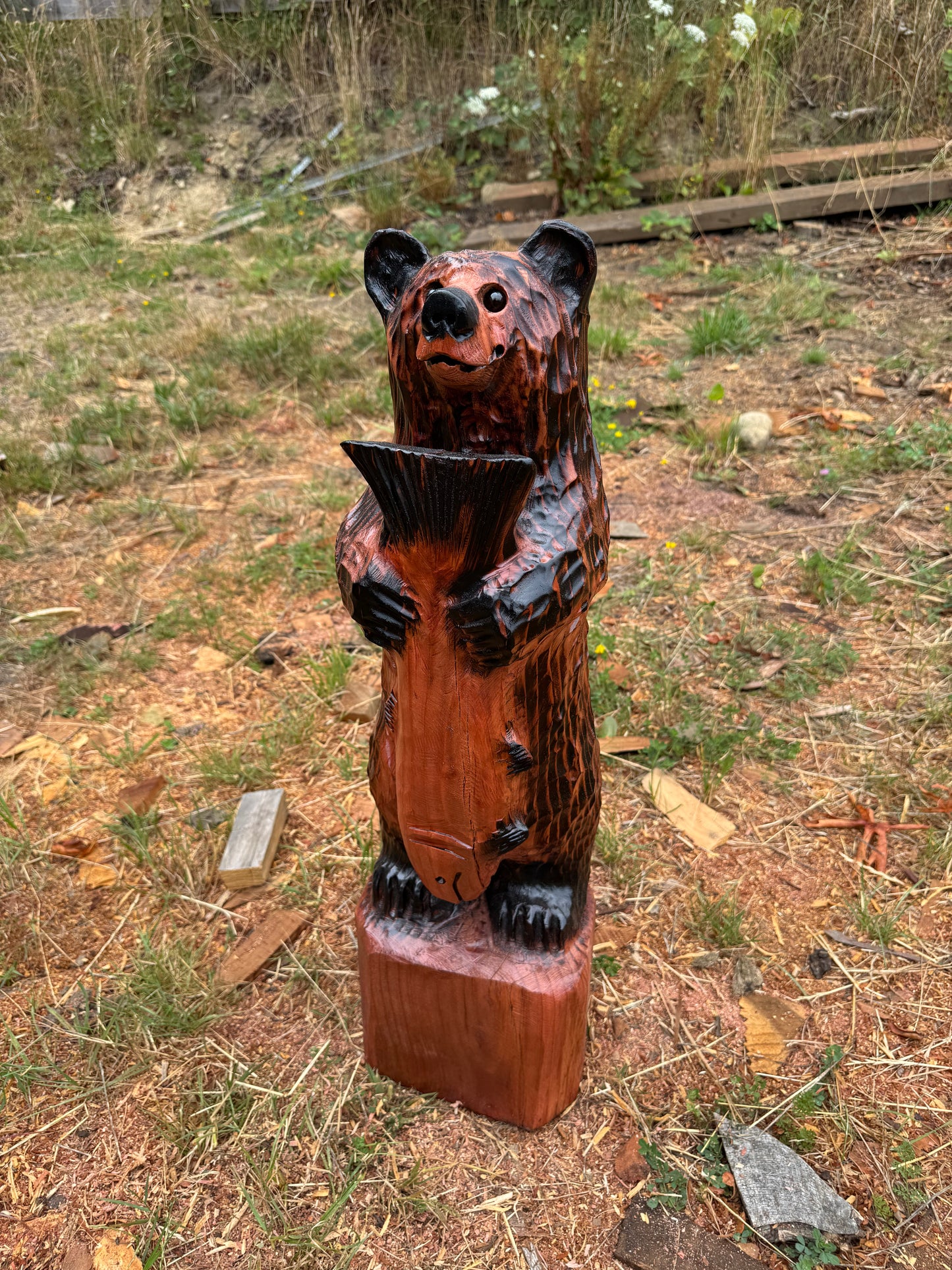 30-Inch Handcrafted Redwood Bear with Fish