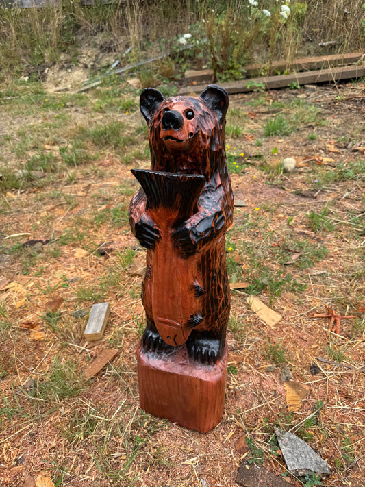 30-Inch Handcrafted Redwood Bear with Fish