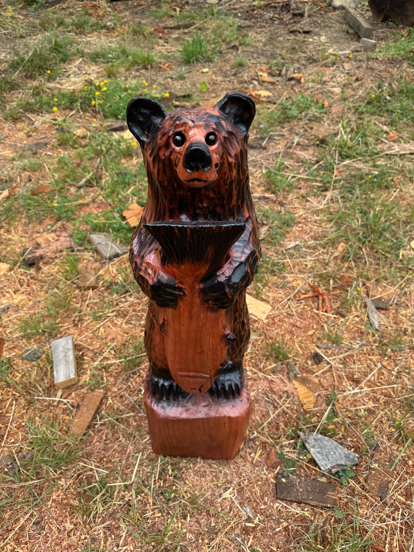 30-Inch Handcrafted Redwood Bear with Fish