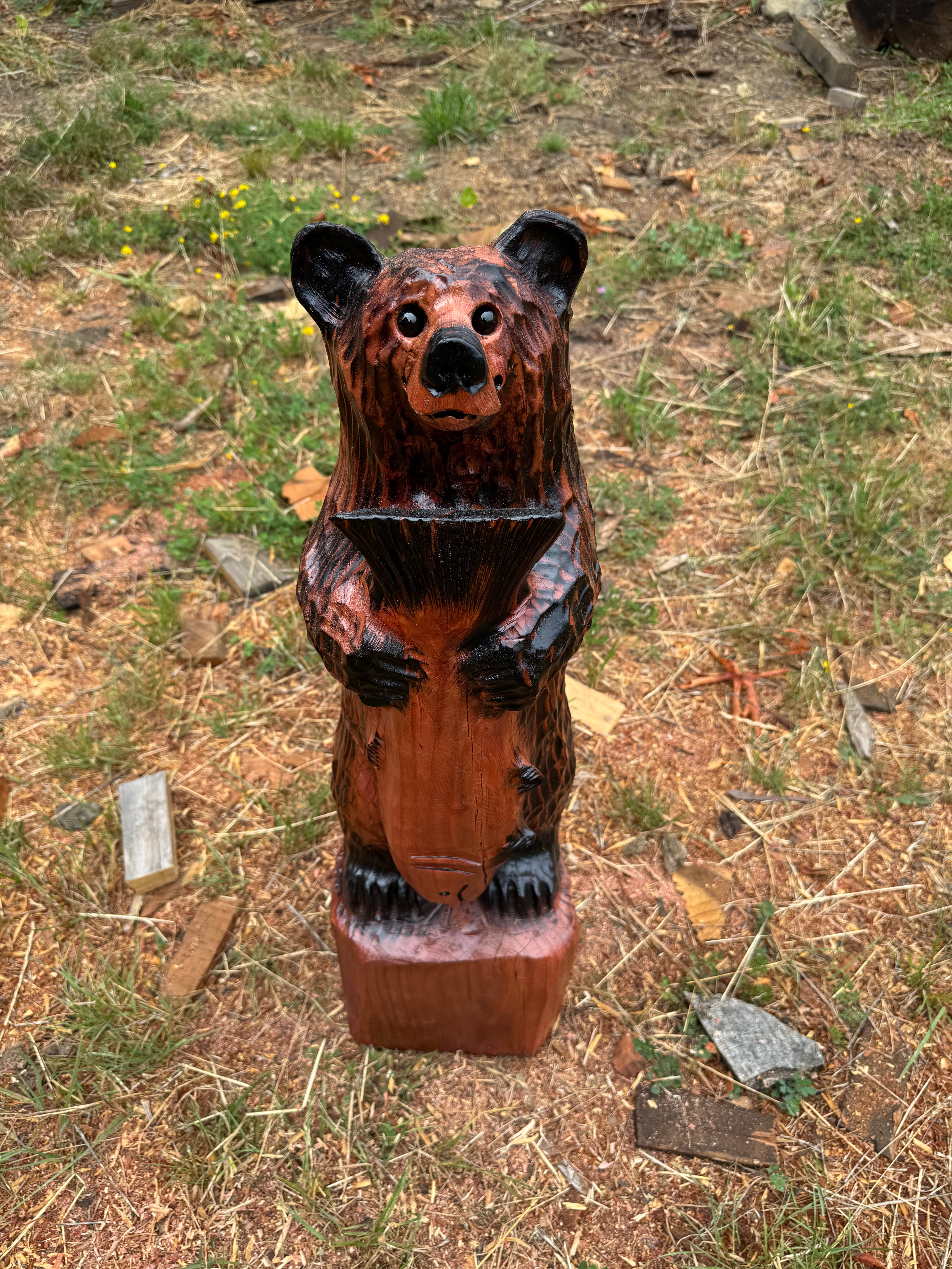30-Inch Handcrafted Redwood Bear with Fish