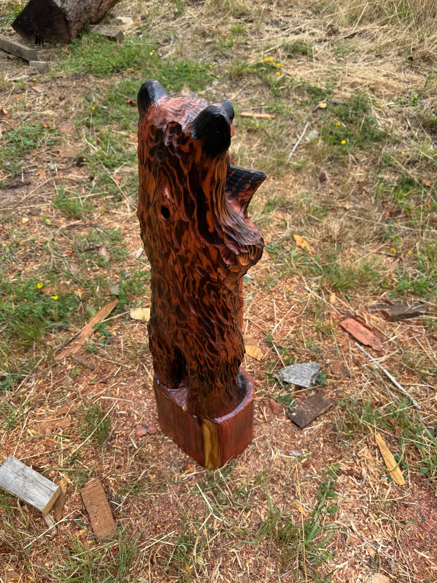 30-Inch Handcrafted Redwood Bear with Fish