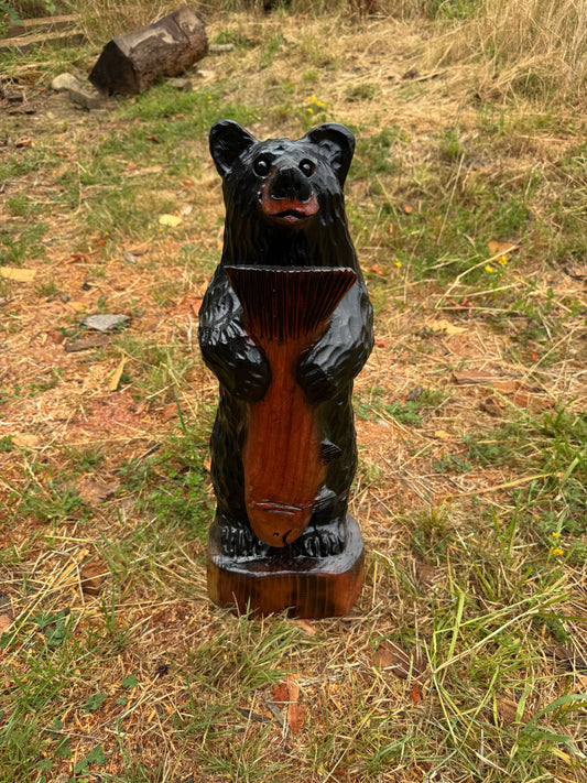 25-Inch Redwood Carved Bear with Fish