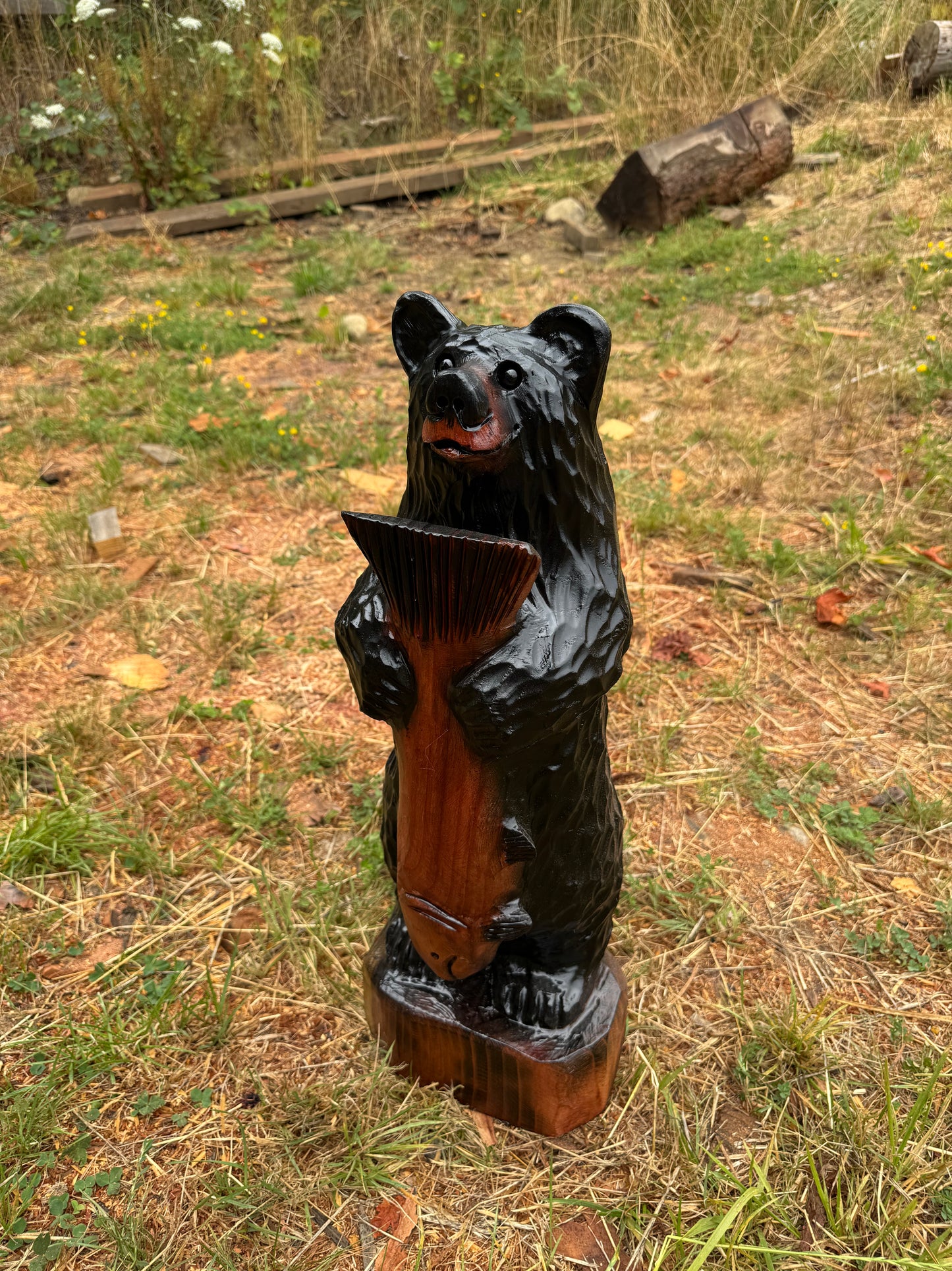 25-Inch Redwood Carved Bear with Fish