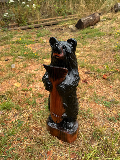 25-Inch Redwood Carved Bear with Fish