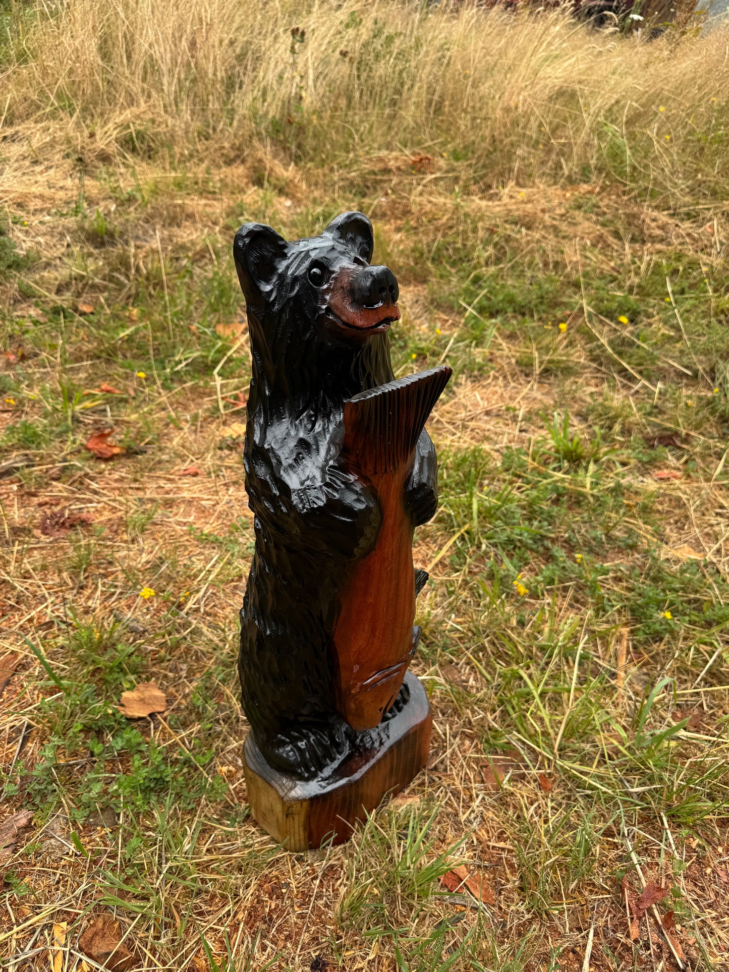 25-Inch Redwood Carved Bear with Fish