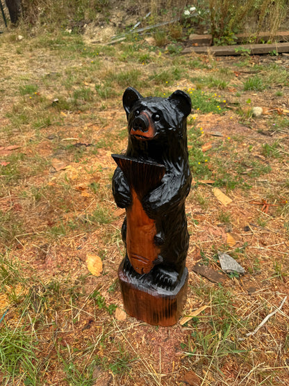 29-Inch Redwood Black Bear Holding Fish