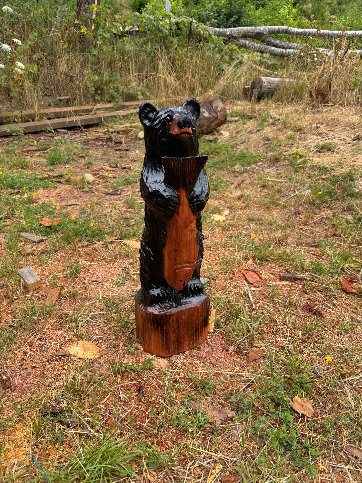 29-Inch Redwood Black Bear Holding Fish