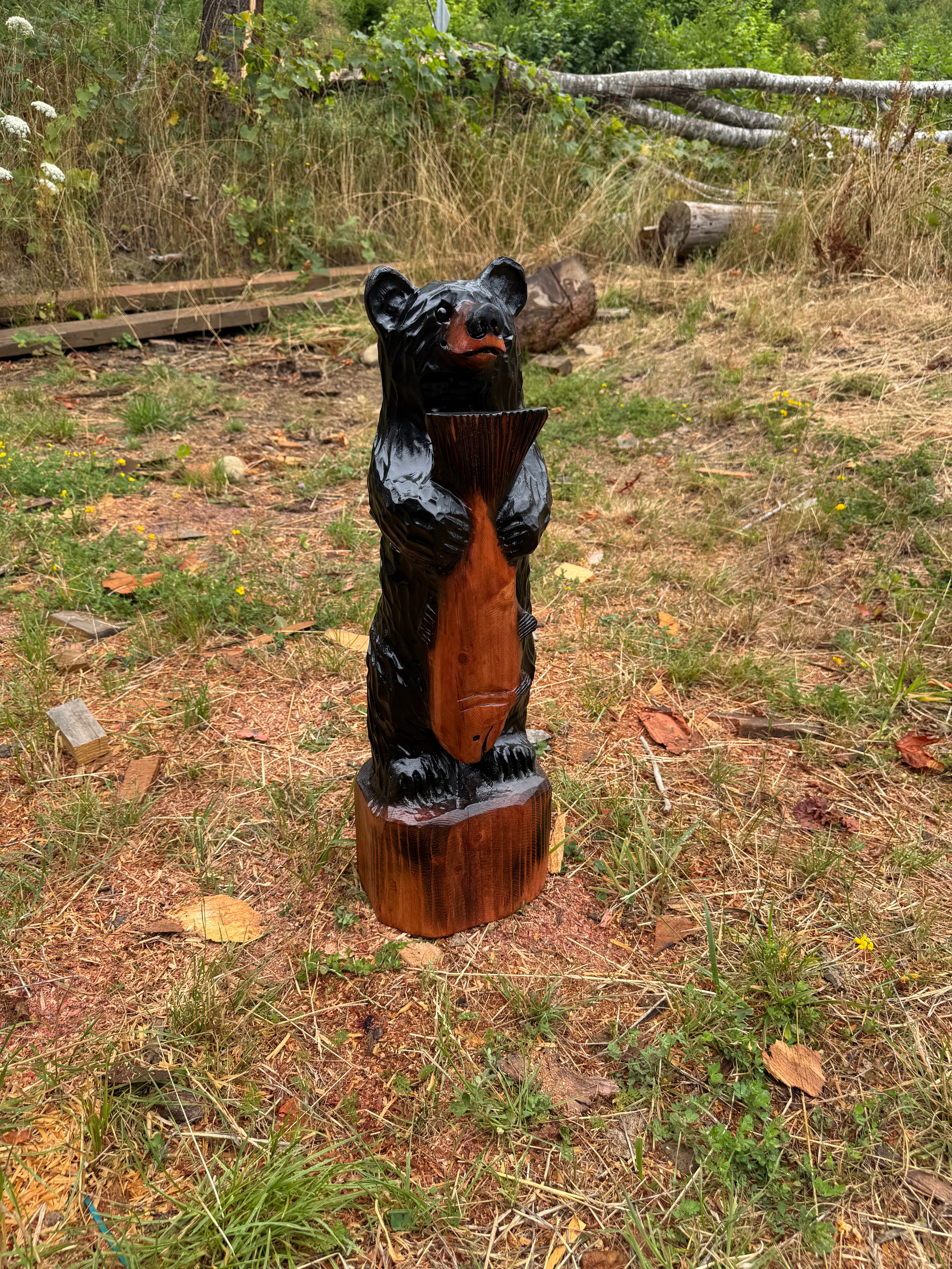 29-Inch Redwood Black Bear Holding Fish