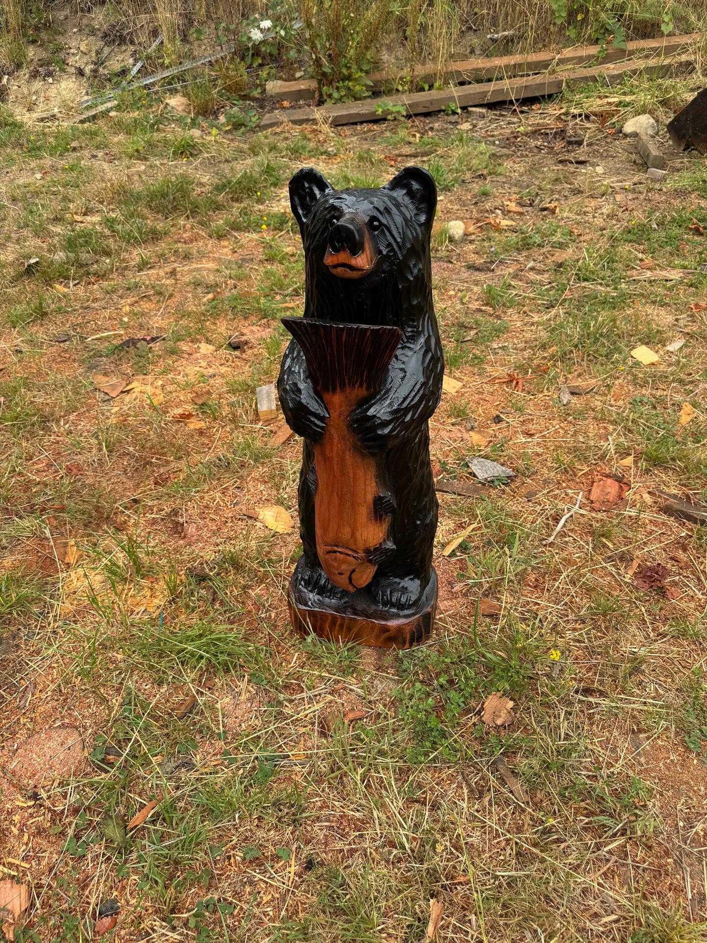 Carved Bear with Fish - 36 inches