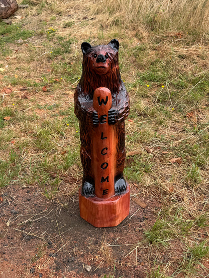 Handmade Chainsaw Carved Standing Bear with Welcome Sign – 36 inches