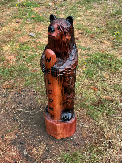 Handmade Chainsaw Carved Standing Bear with Welcome Sign – 36 inches