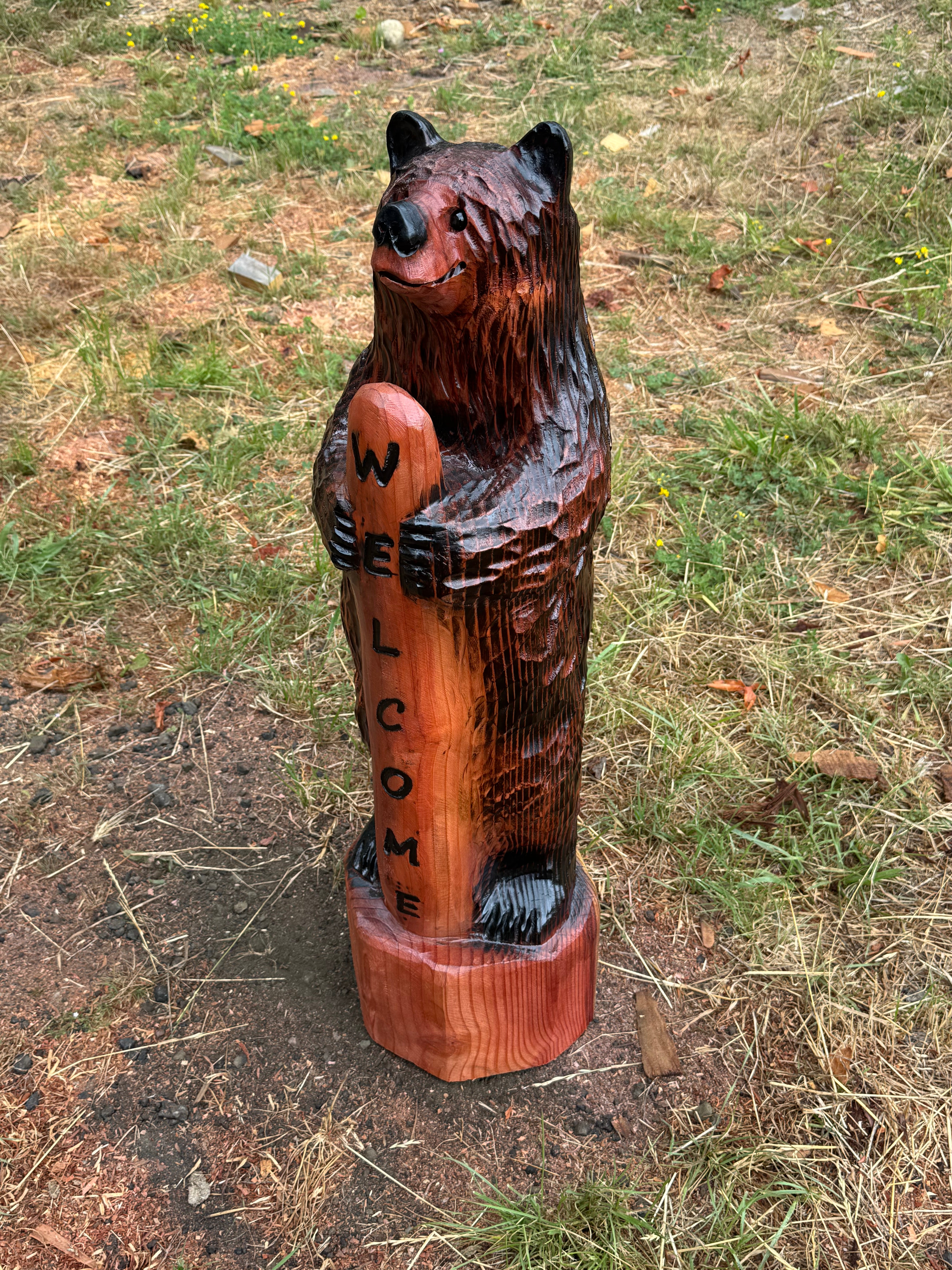 Handmade Chainsaw Carved Standing Bear with Welcome Sign – 36 inches
