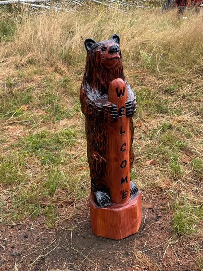 Handmade Chainsaw Carved Standing Bear with Welcome Sign – 36 inches