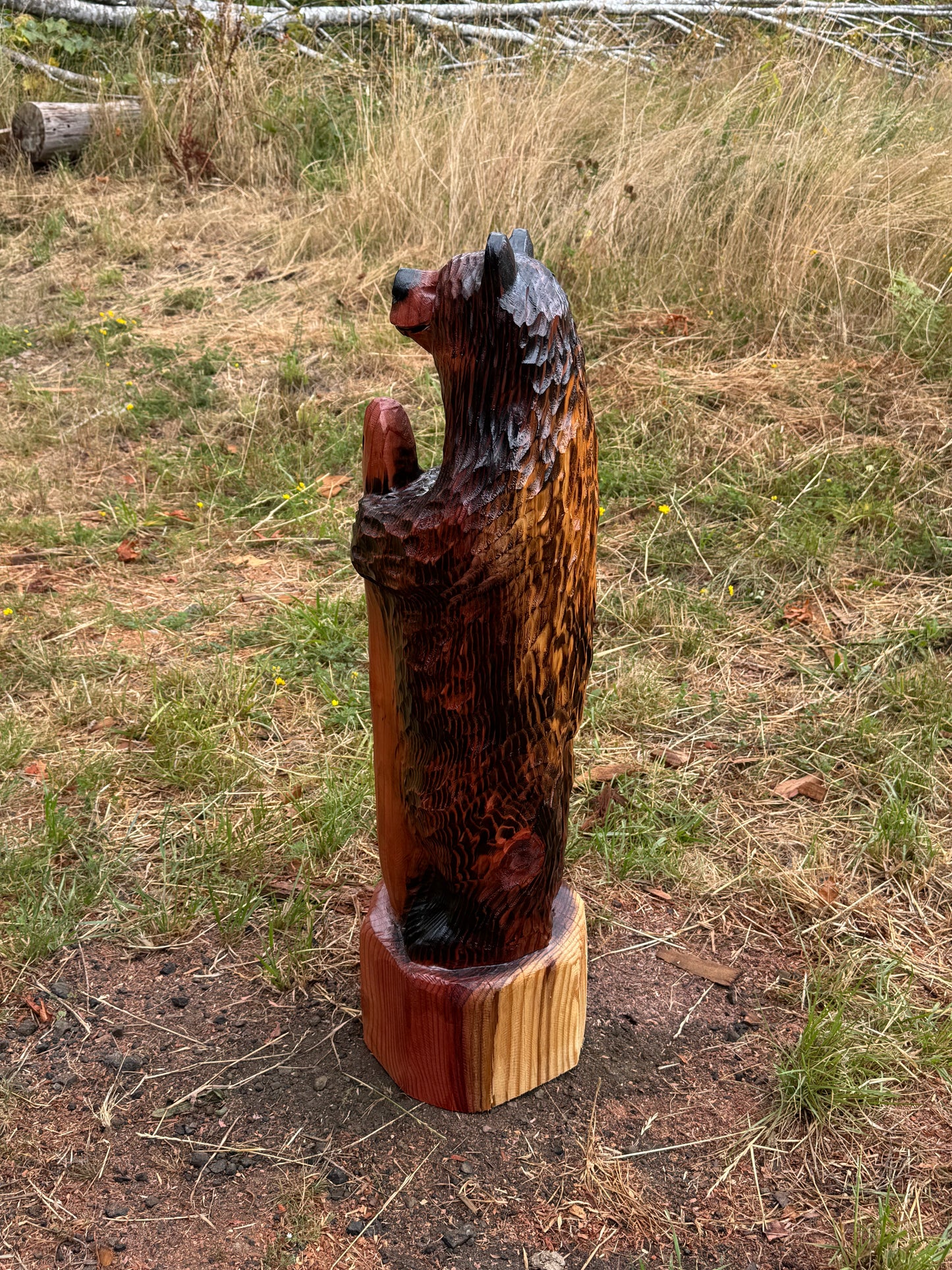 Handmade Chainsaw Carved Standing Bear with Welcome Sign – 36 inches