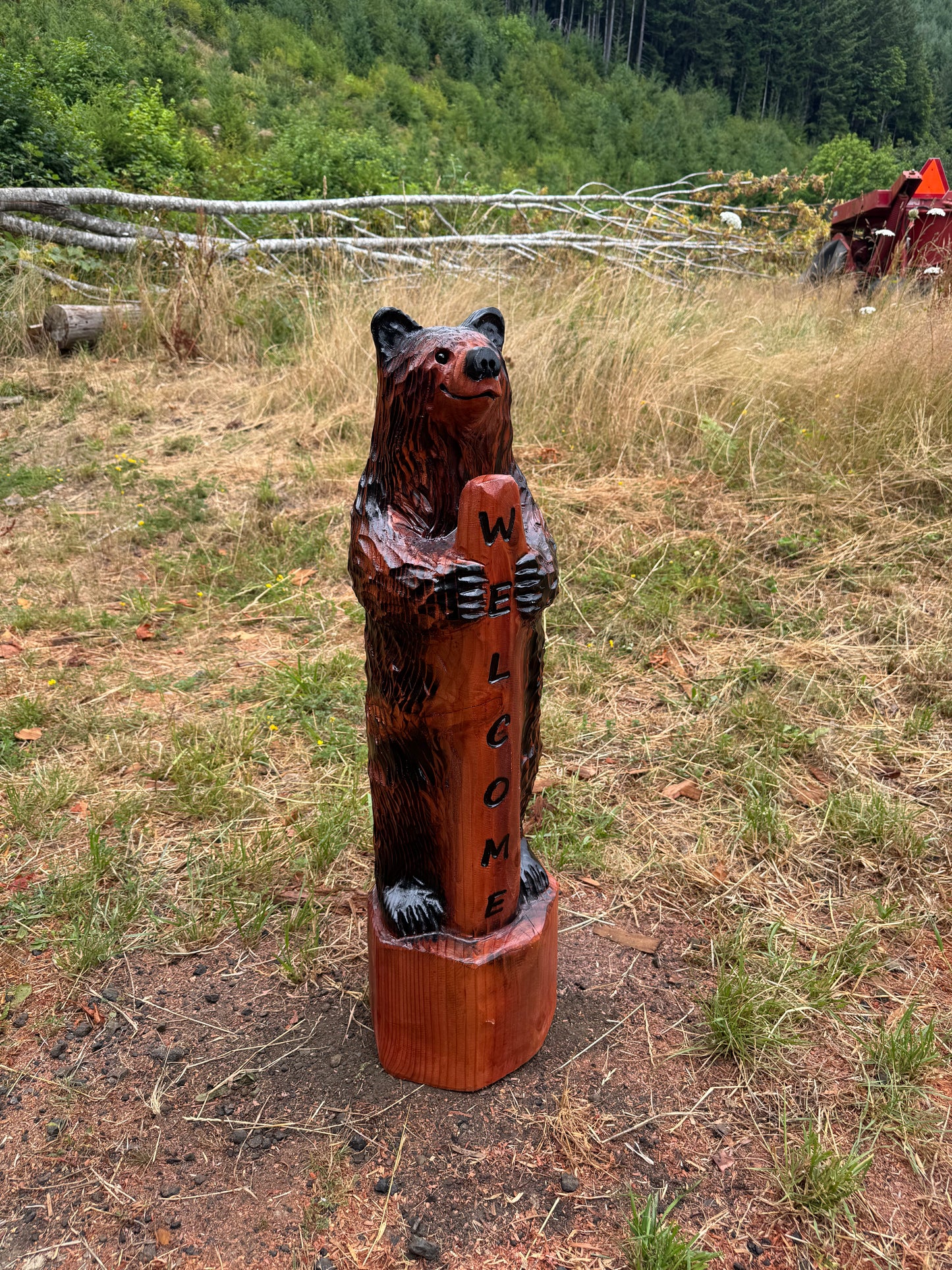 Wooden Standing Bear with Welcome Sign – 39 inches
