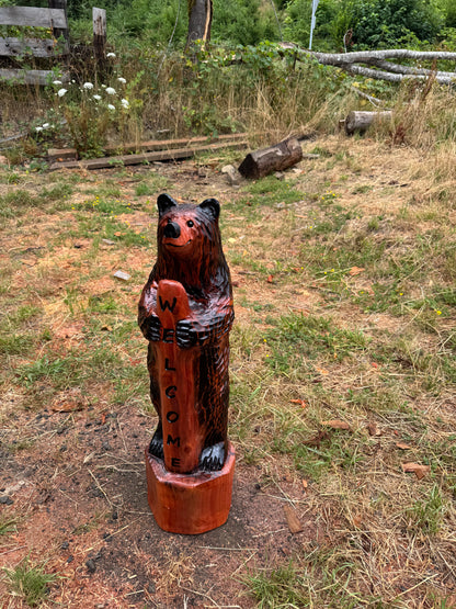 Wooden Standing Bear with Welcome Sign – 39 inches