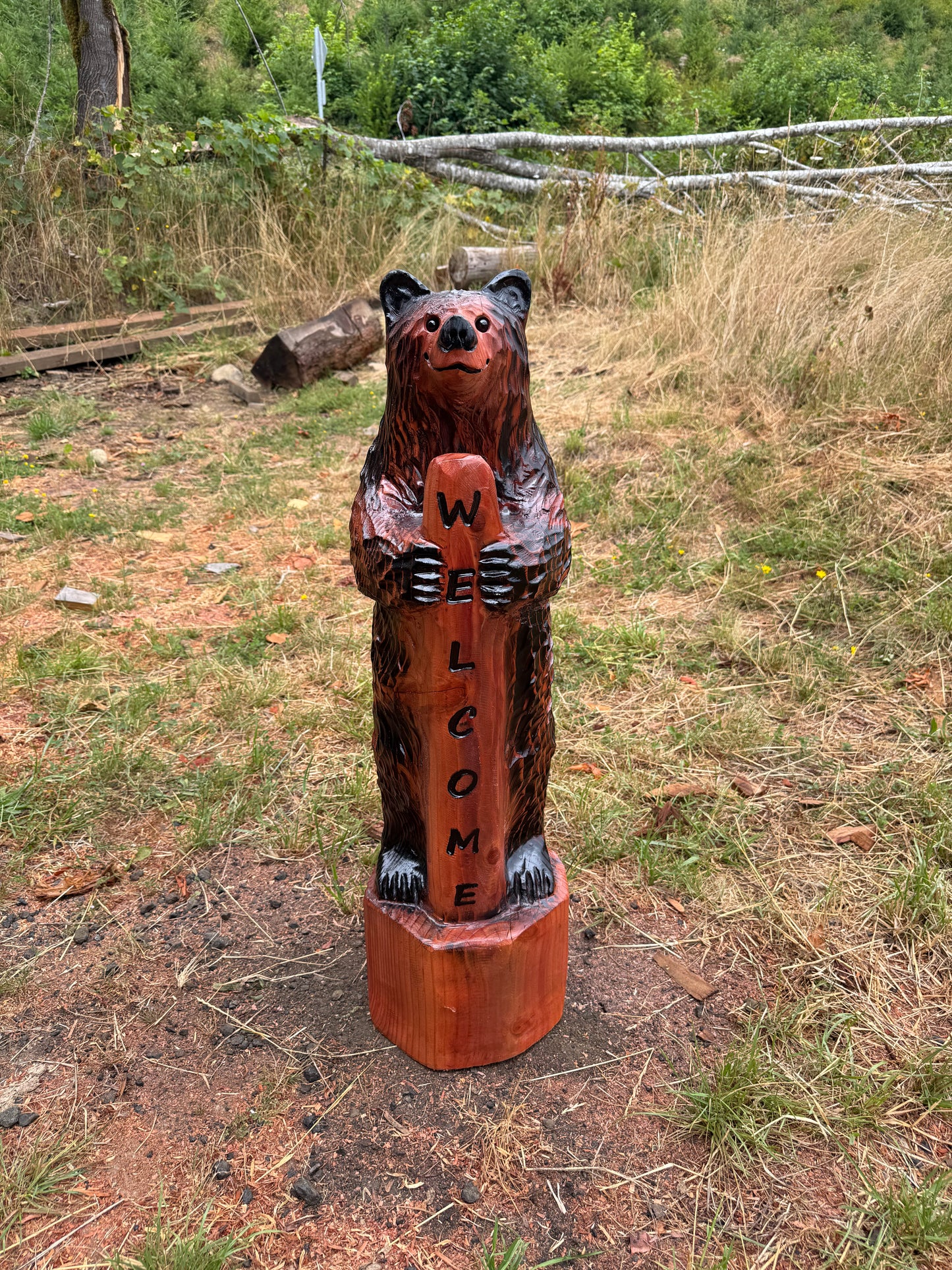 Wooden Standing Bear with Welcome Sign – 39 inches