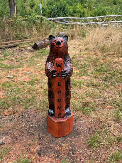 Wooden Standing Bear with Welcome Sign – 39 inches