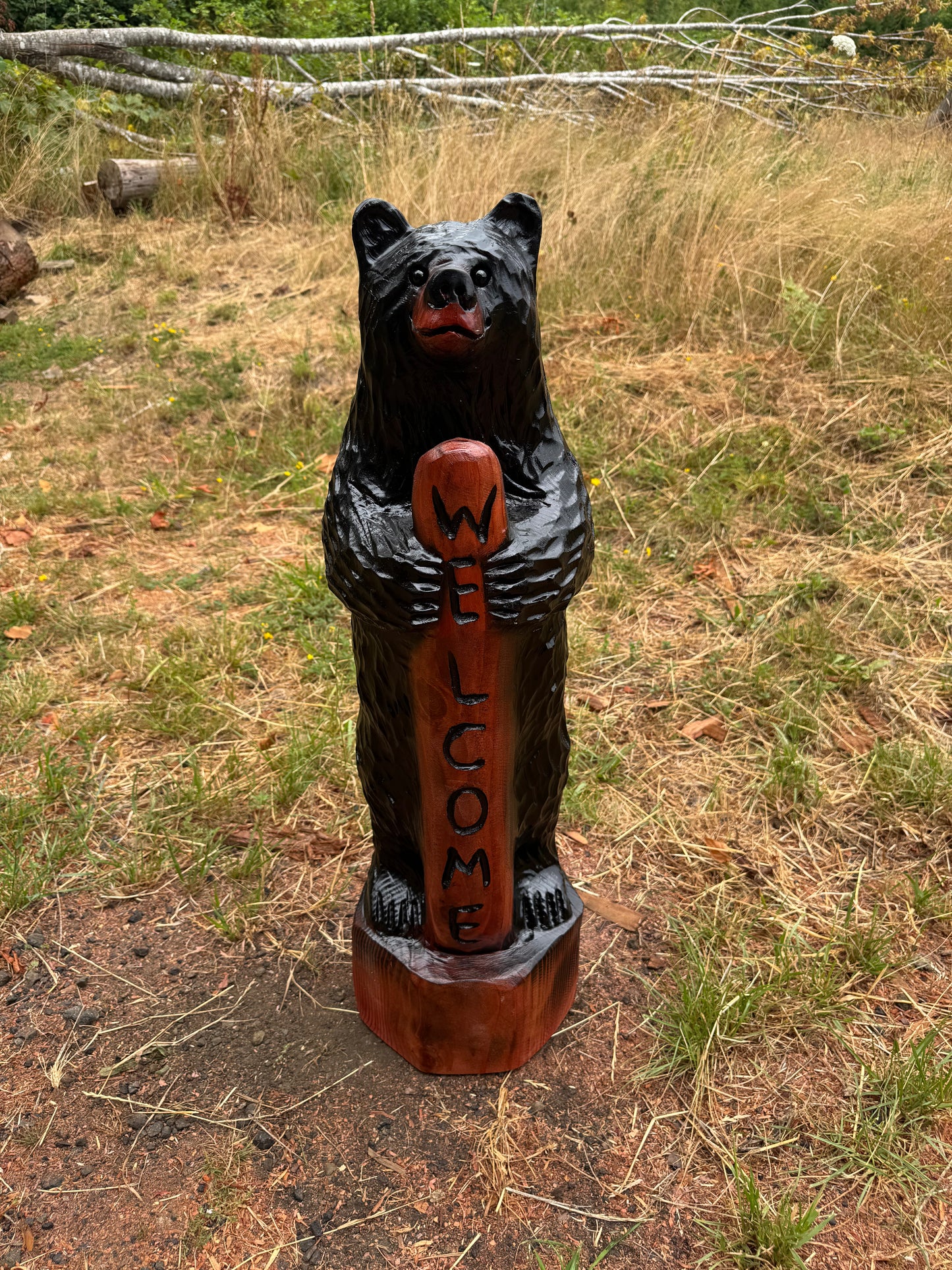 Rustic Chainsaw Carved Standing Bear with Welcome Sign – 37 inches