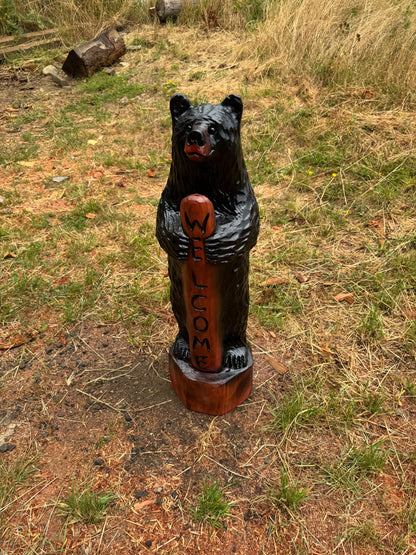 Rustic Chainsaw Carved Standing Bear with Welcome Sign – 37 inches
