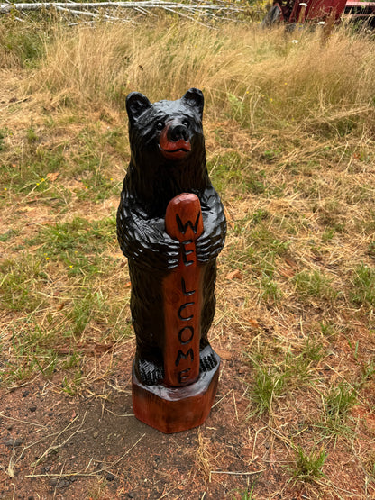 Rustic Chainsaw Carved Standing Bear with Welcome Sign – 37 inches