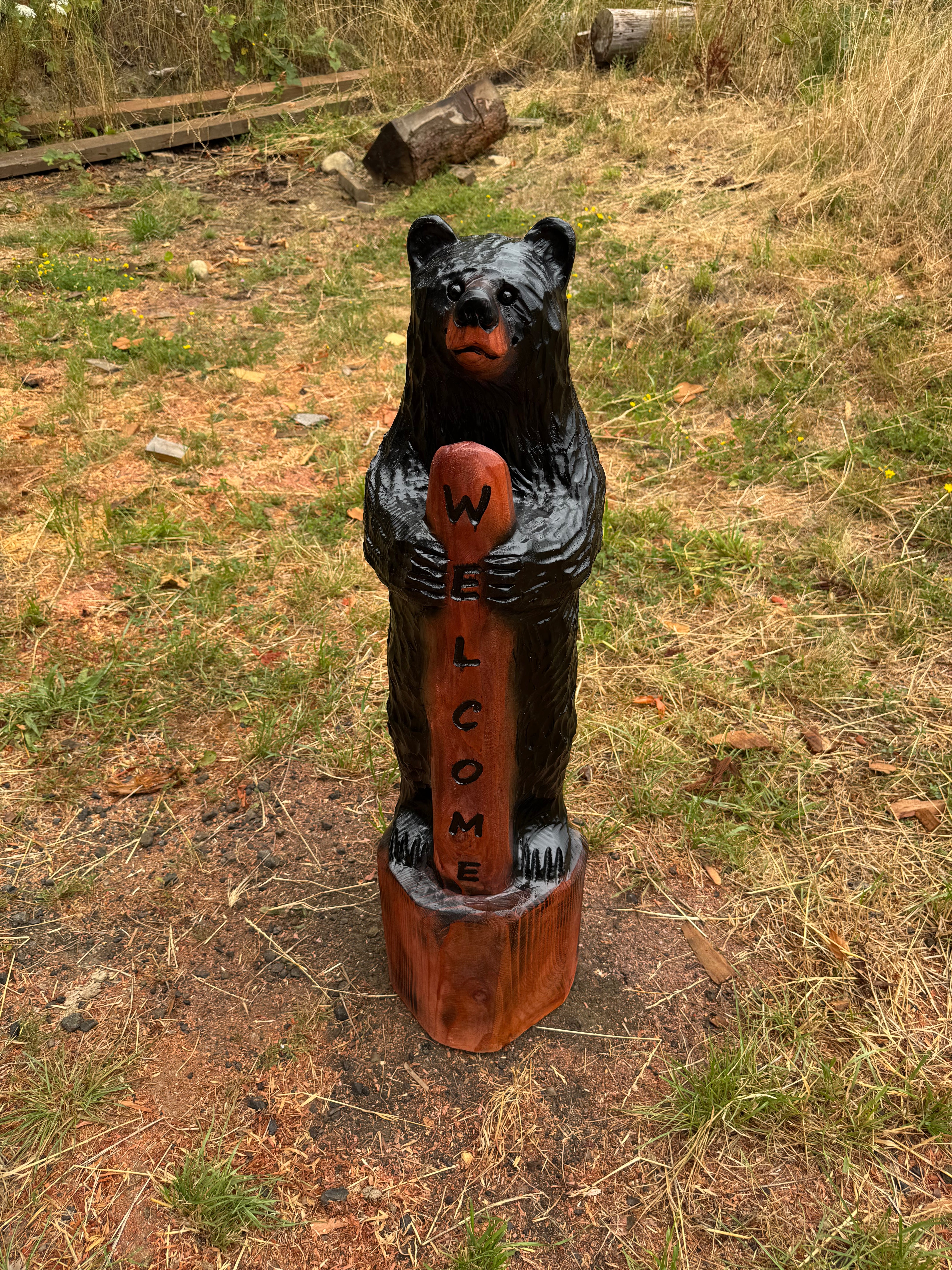 Hand-Carved Standing Bear with Welcome Sign – 39 inches