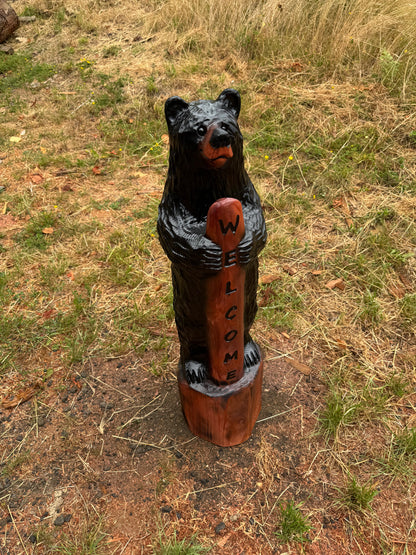 Hand-Carved Standing Bear with Welcome Sign – 39 inches