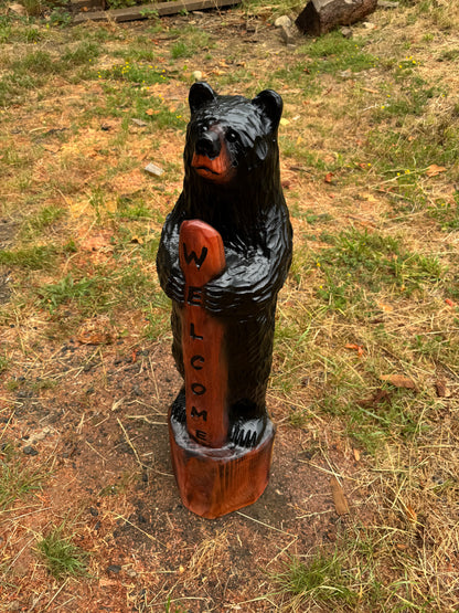 Hand-Carved Standing Bear with Welcome Sign – 39 inches