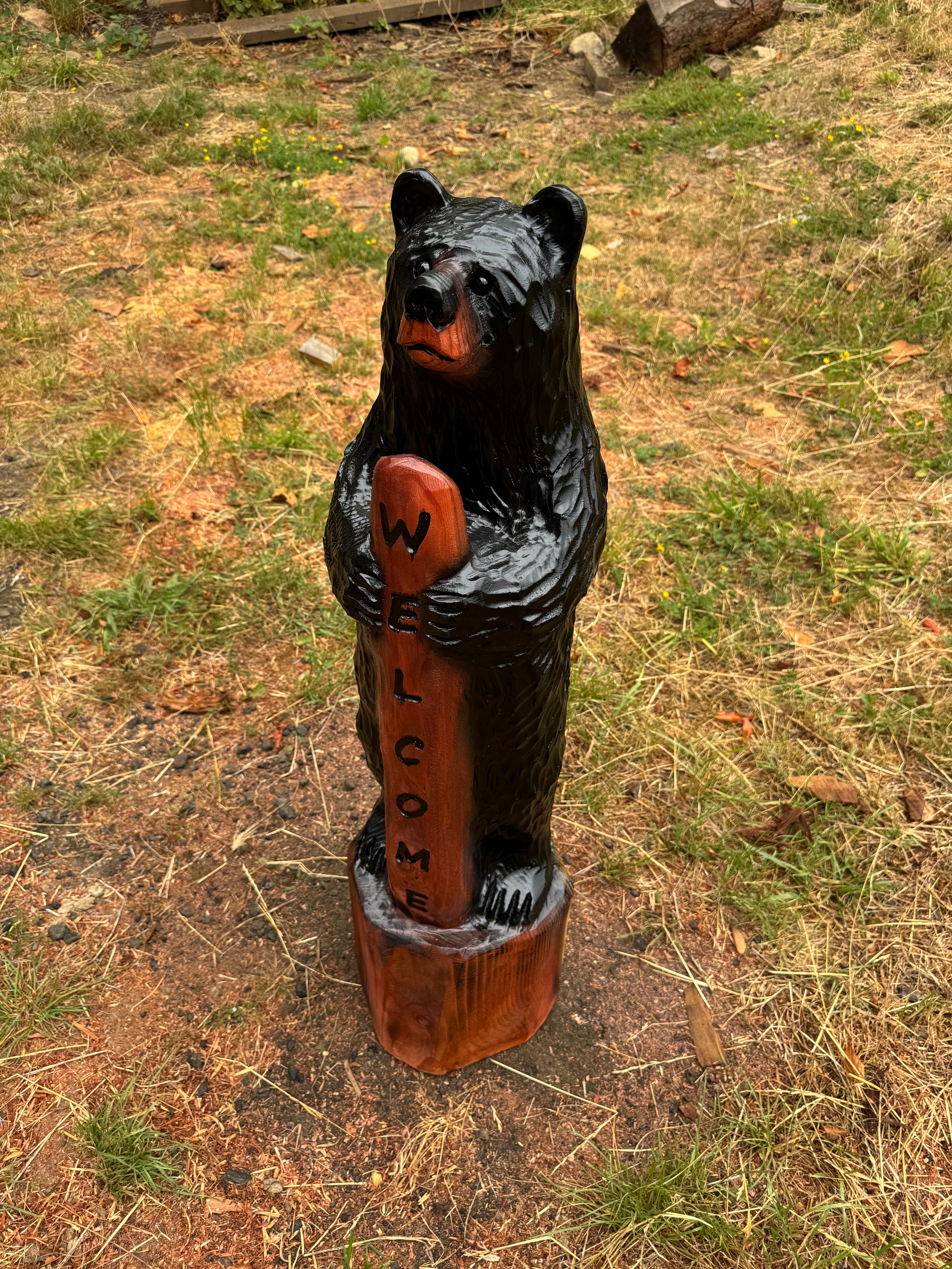 Hand-Carved Standing Bear with Welcome Sign – 39 inches