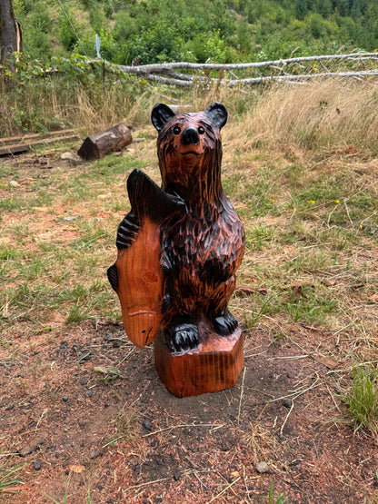 Chainsaw Carved Brown Standing Bear Holding Fish - Redwood - 28 inches