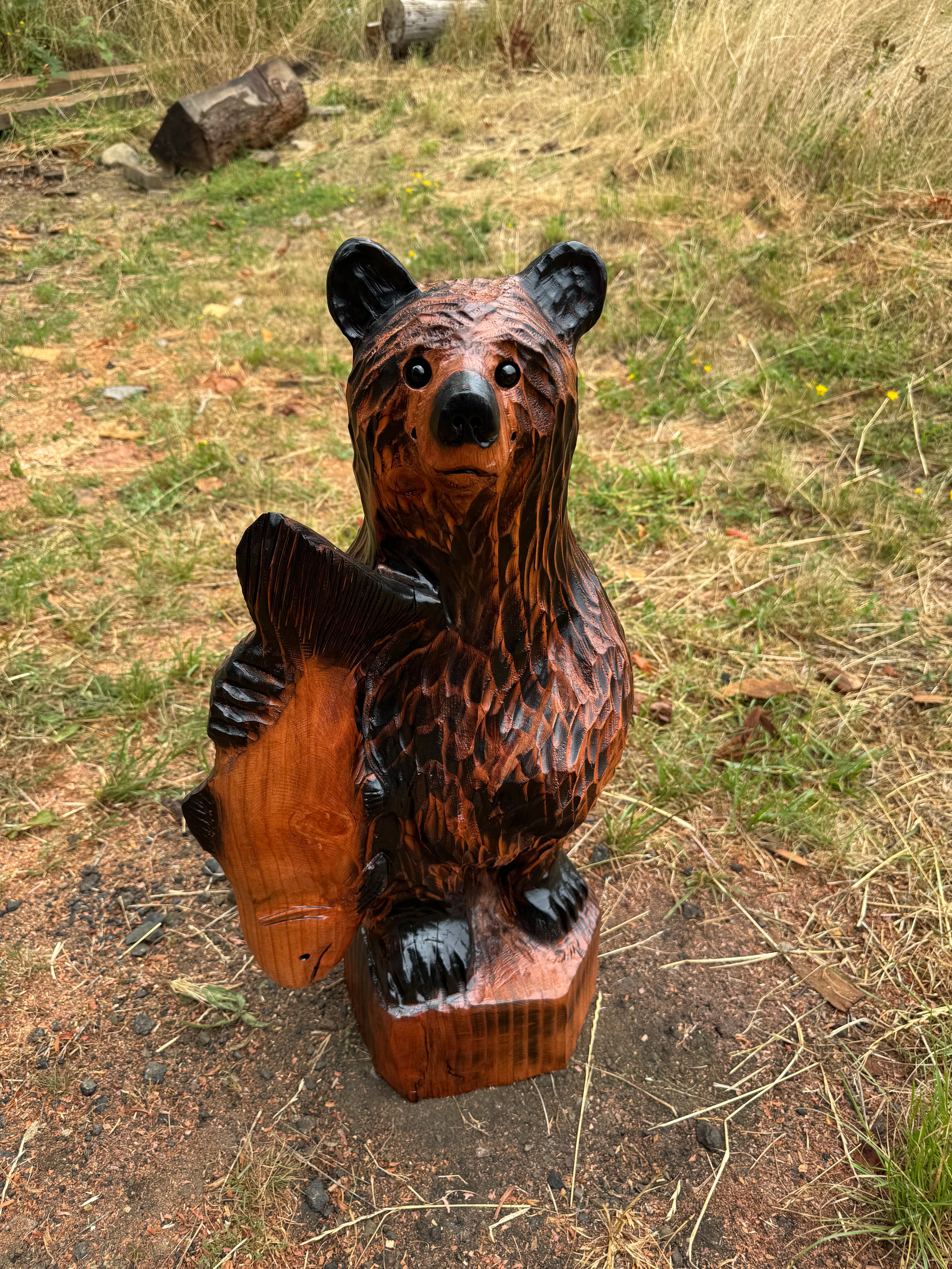 Chainsaw Carved Brown Standing Bear Holding Fish - Redwood - 28 inches