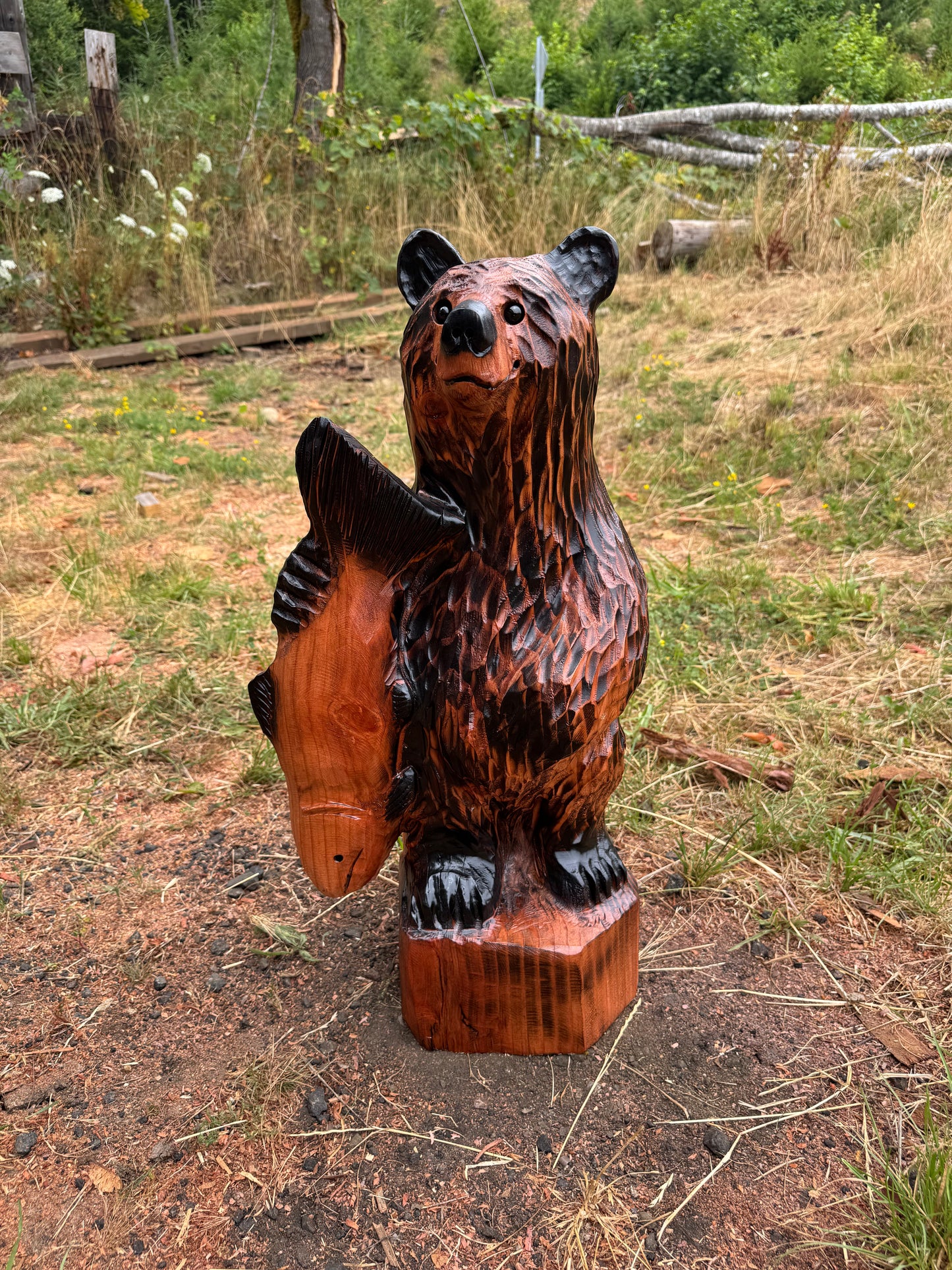 Chainsaw Carved Brown Standing Bear Holding Fish - Redwood - 28 inches