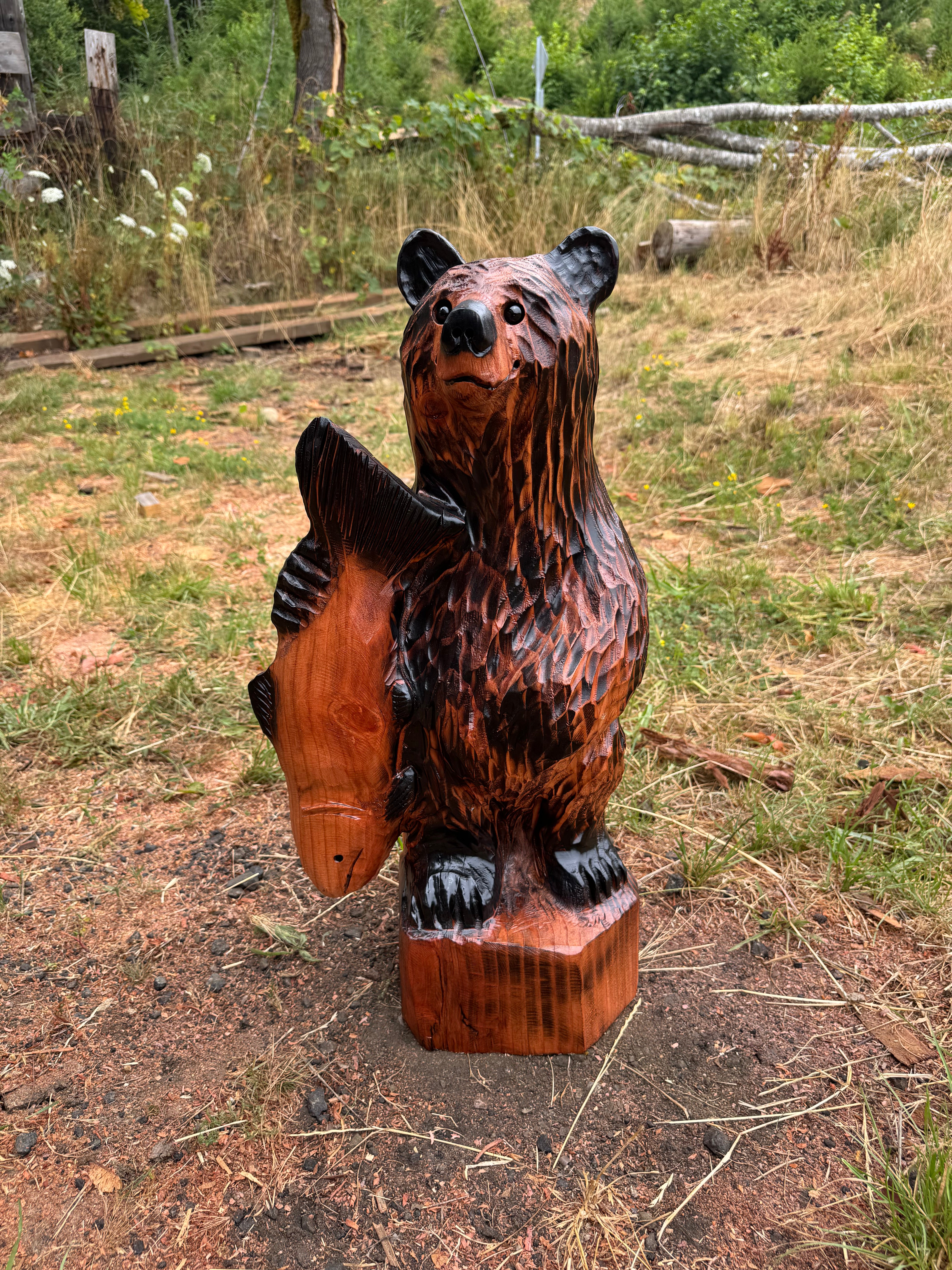 Chainsaw Carved Brown Standing Bear Holding Fish - Redwood - 28 inches