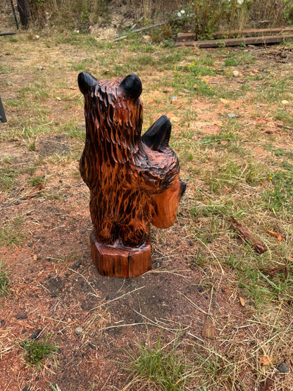 Chainsaw Carved Brown Standing Bear Holding Fish - Redwood - 28 inches