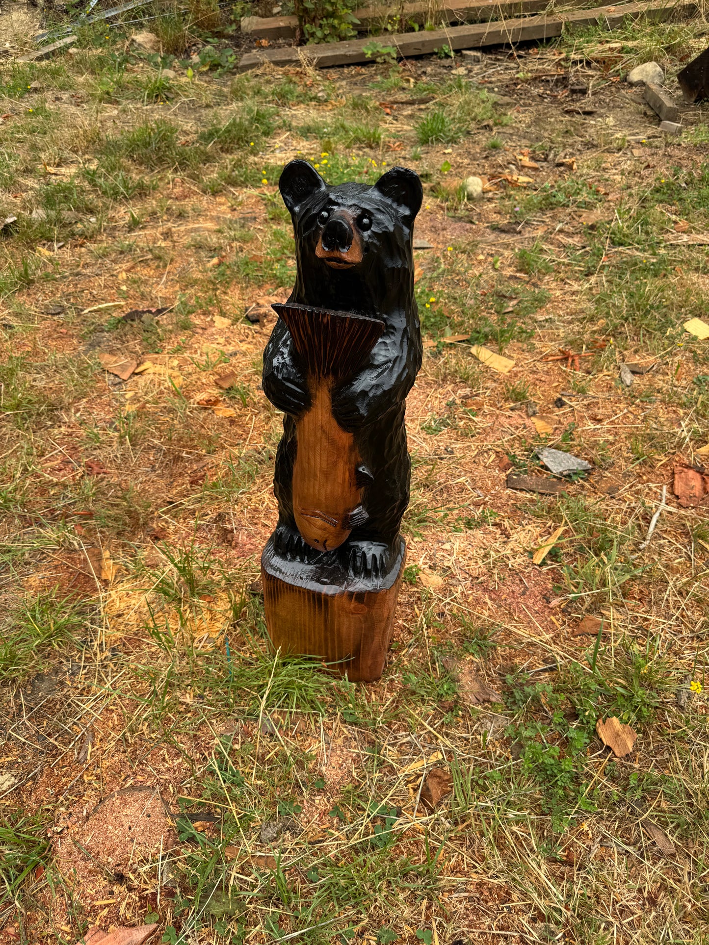 32-Inch Hand-Carved Redwood Bear with Fish