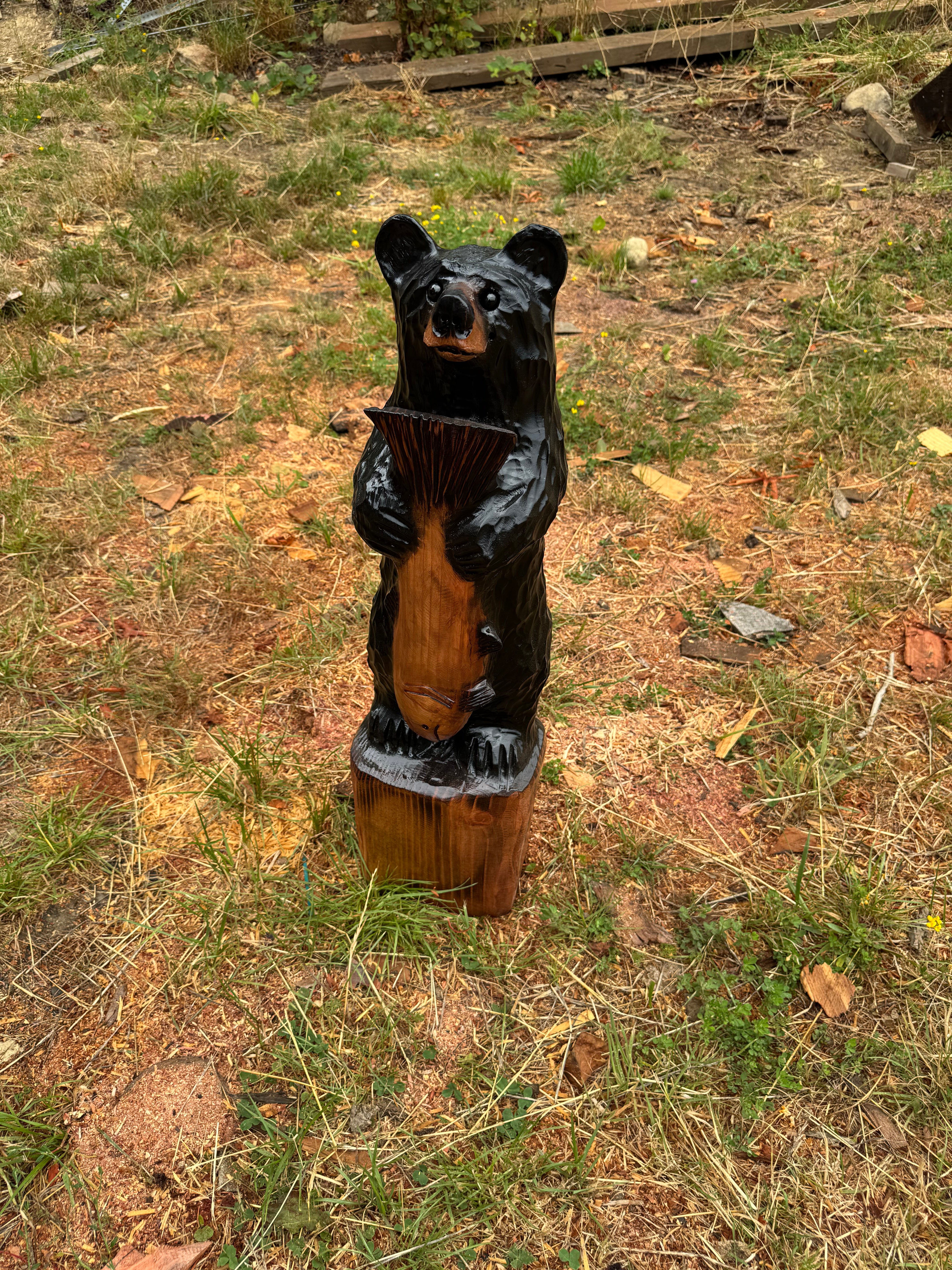 32-Inch Hand-Carved Redwood Bear with Fish