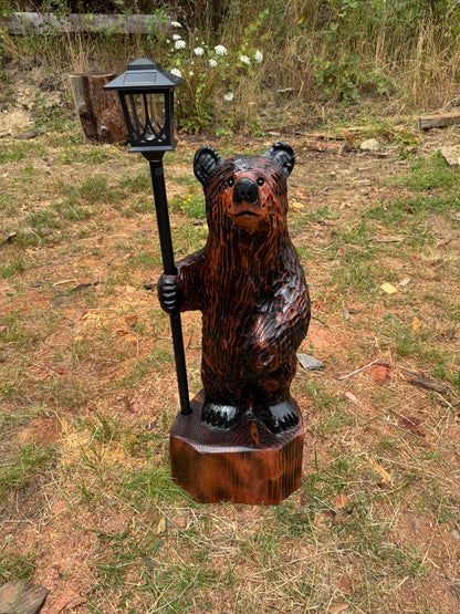 Chainsaw Carved Redwood Bear with Solar Lantern – 40 Inches Brown