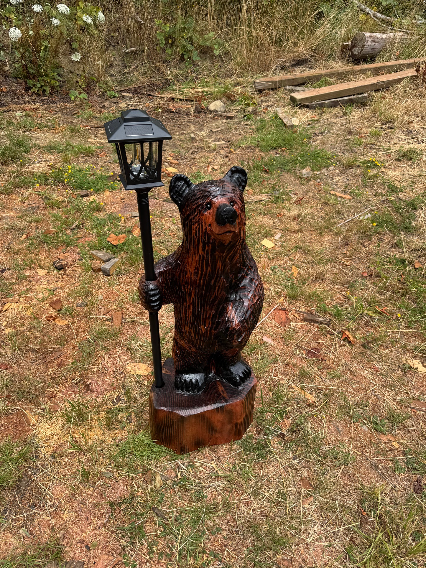 Chainsaw Carved Redwood Bear with Solar Lantern – 40 Inches Brown