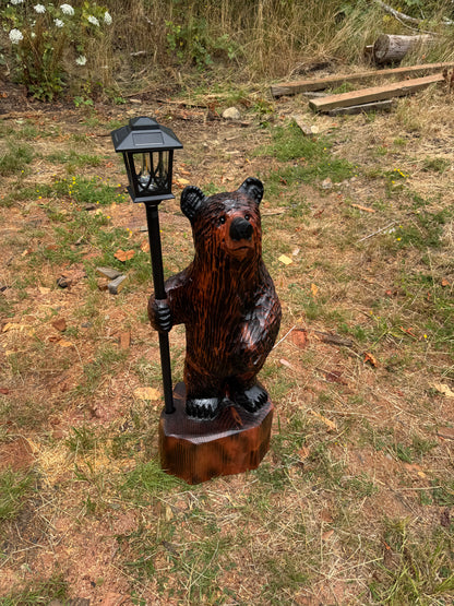 Chainsaw Carved Redwood Bear with Solar Lantern – 40 Inches Brown