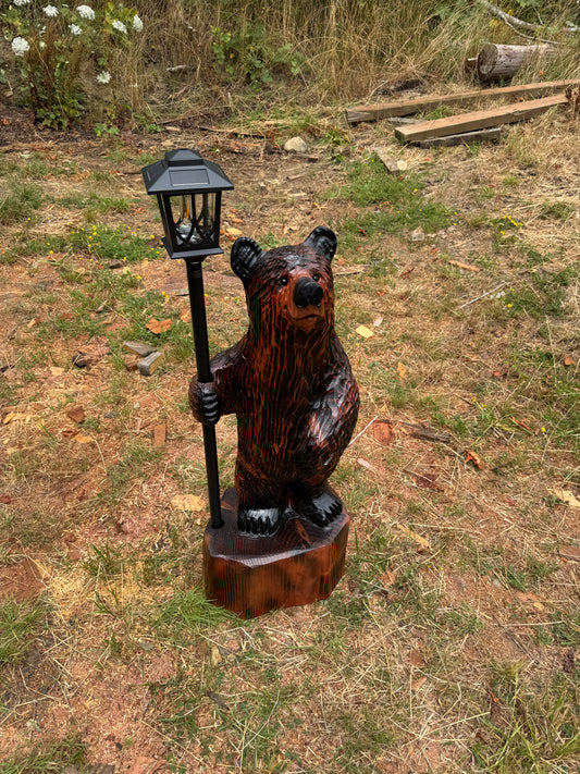 Chainsaw Carved Redwood Bear with Solar Lantern – 40 Inches Brown