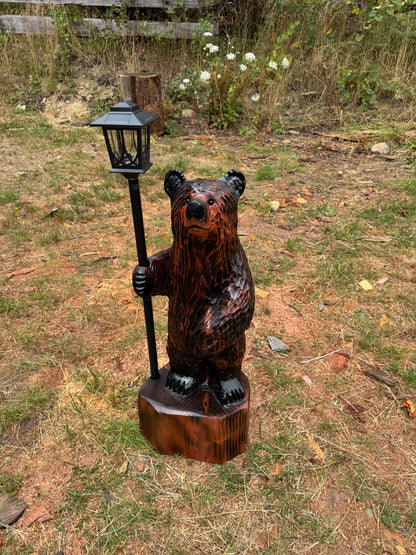 Chainsaw Carved Redwood Bear with Solar Lantern – 40 Inches Brown