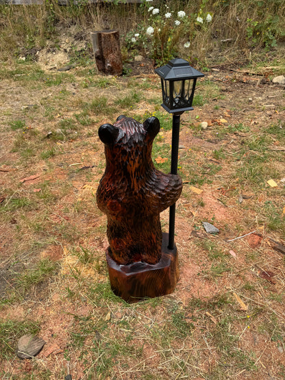 Chainsaw Carved Redwood Bear with Solar Lantern – 40 Inches Brown