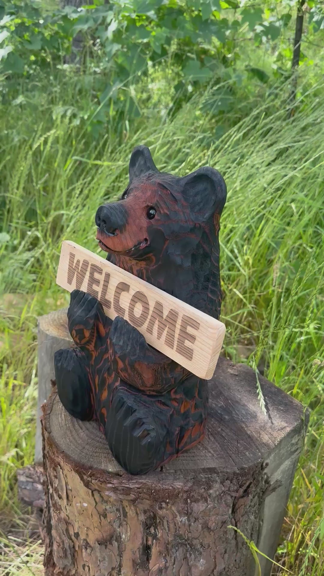 Load video: Wood Carved Bear Holding Sign 15" - Customizable - Brown