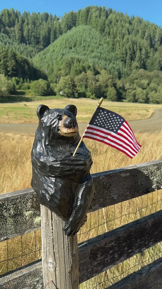 Wood Carved Bear with American Flag - 15" - Black