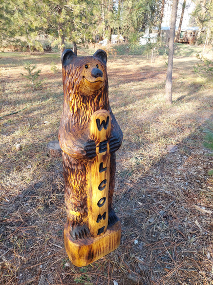 Hand-Carved Wood Bear with Welcome Sign - 48 Inches, Perfect for Entryways