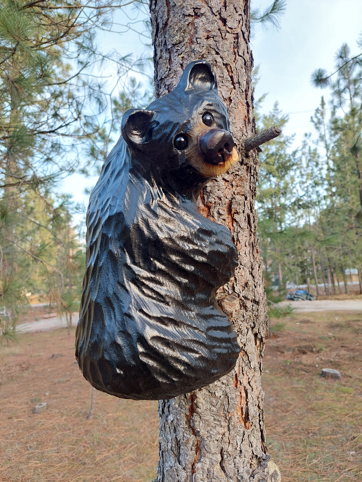 Wood Carved Climbing Bear for Posts, Poles, Trees, and More - 15 Inches, Easy to Mount and Display - Black